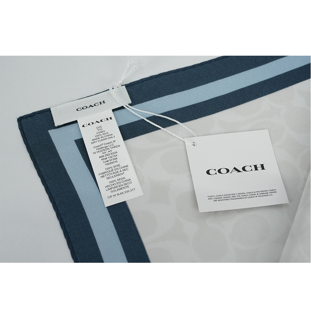 【COACH】1941 學院風標誌絲質方巾(白色/藍色)CS593 BKF