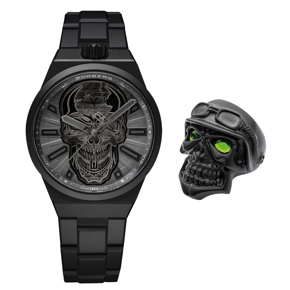 【官網獨家限定組合】Bolt-68 NEO系列 消光黑色刺青骷髏機械腕錶+骷髏騎士戒指 ( 款式尺寸隨機 )