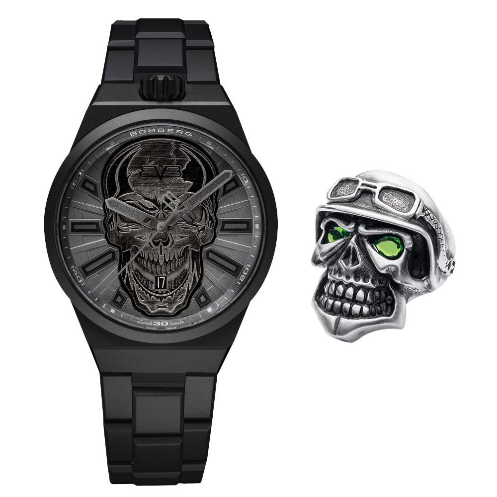 【官網獨家限定組合】Bolt-68 NEO系列 消光黑色刺青骷髏機械腕錶+骷髏騎士戒指 ( 款式尺寸隨機 )