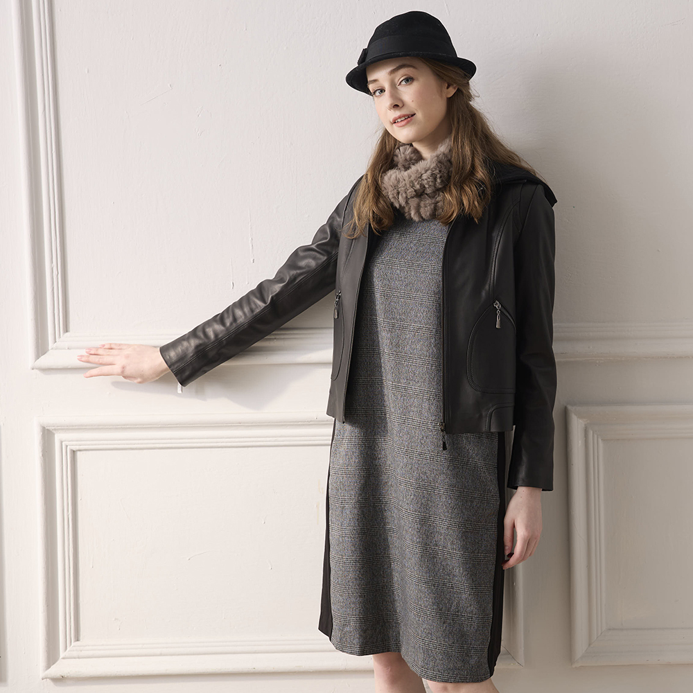 PIPPY簡約剪接經典格紋袖口反摺洋裝 黑