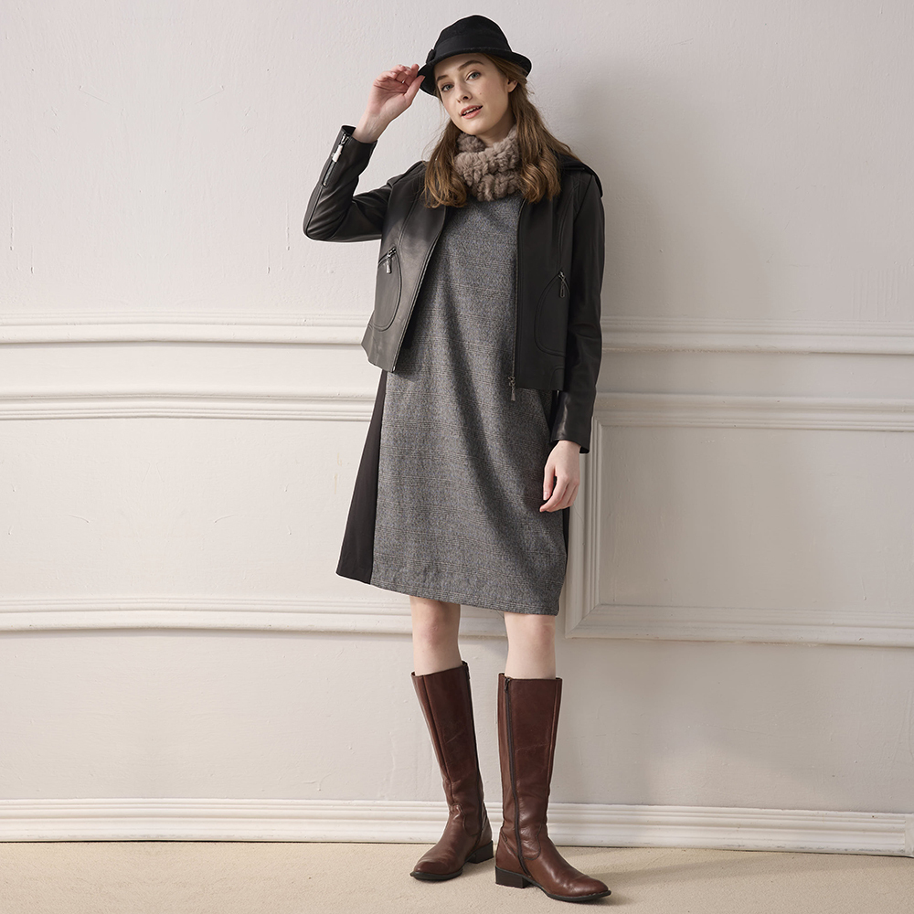 PIPPY簡約剪接經典格紋袖口反摺洋裝 黑