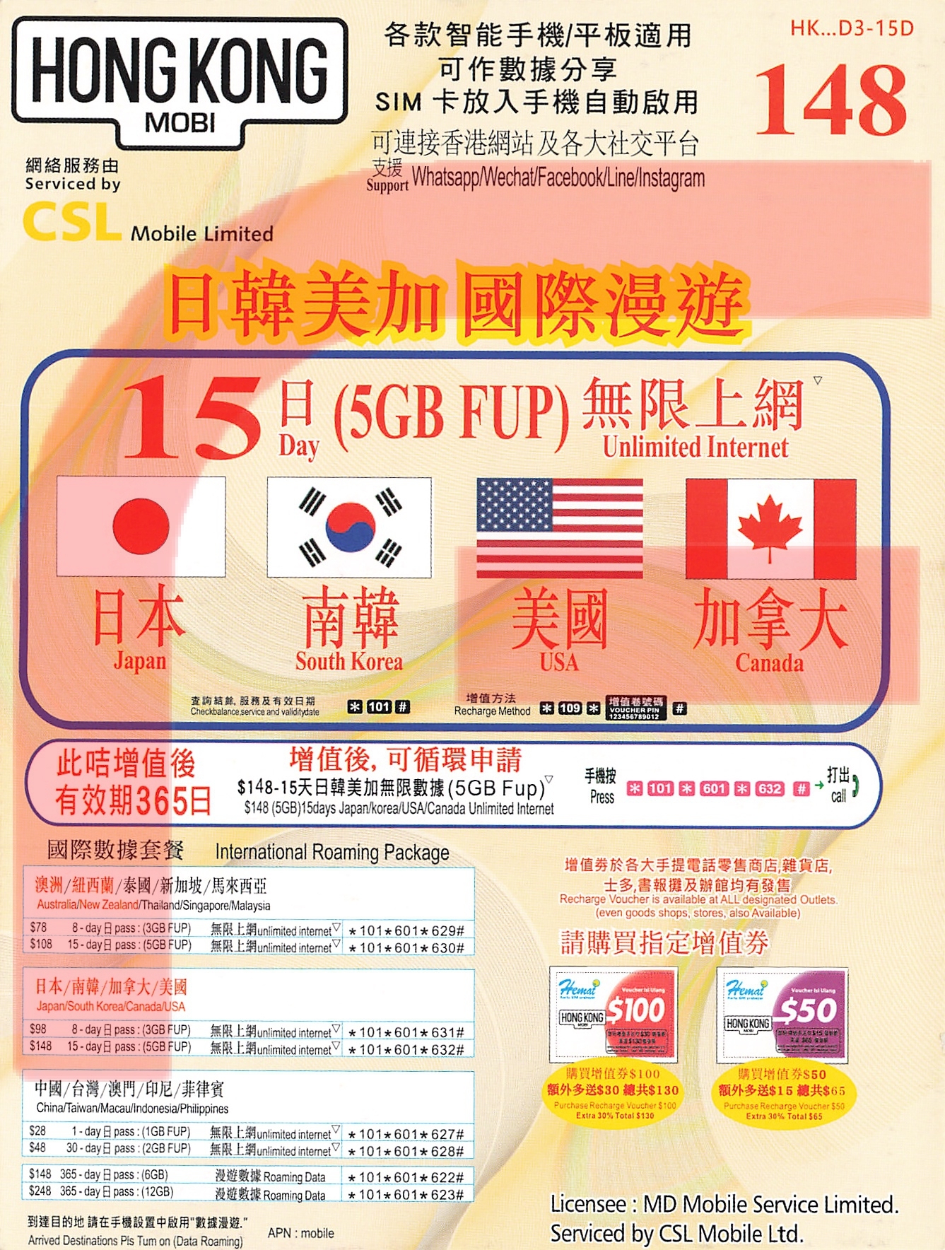 HK MOBILE【日韓美加】15日 5GB 無限上網 4G 國際漫遊卡 SIM咭 數據卡