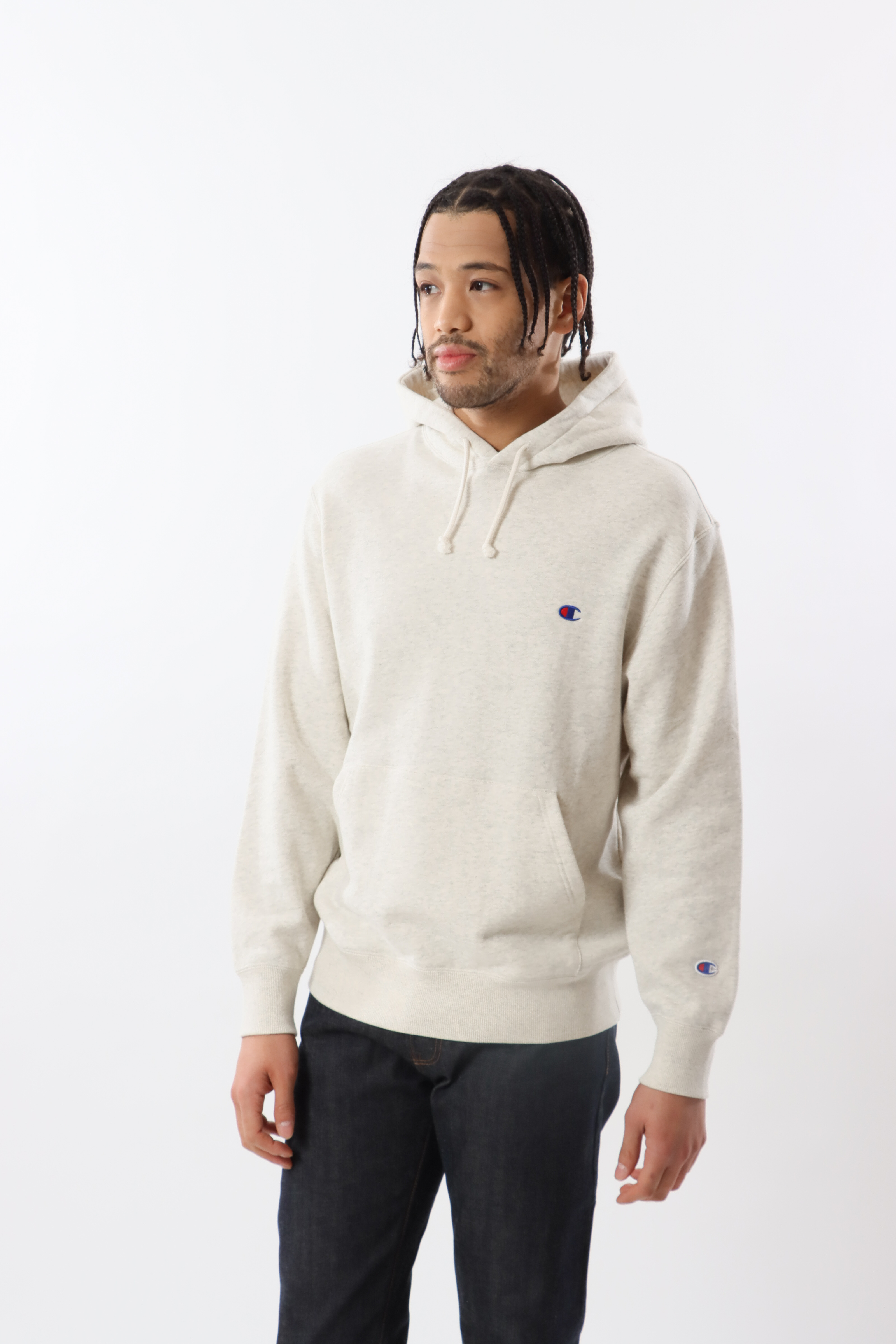 男款- BASIC 小C LOGO 連帽長袖大學T-米色（C3-Y136-810）