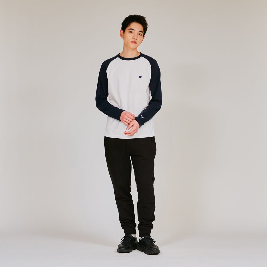 男款 -BASIC 小C LOGO 落肩拼接長TEE-黑白色（C3-Y429-090）