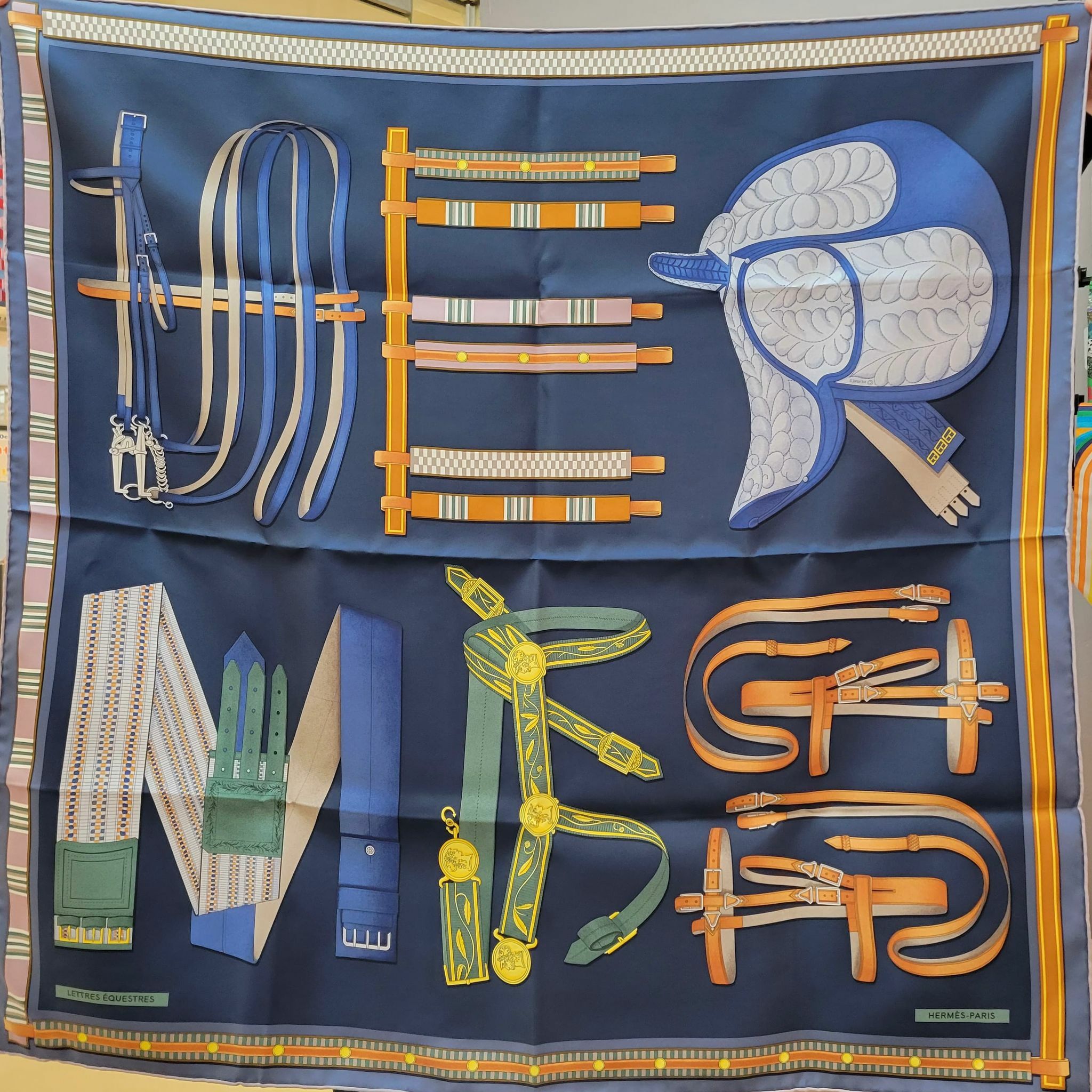 HERMES Carré 90 scarf Lettres équestres bleu ardoise / vert / parme