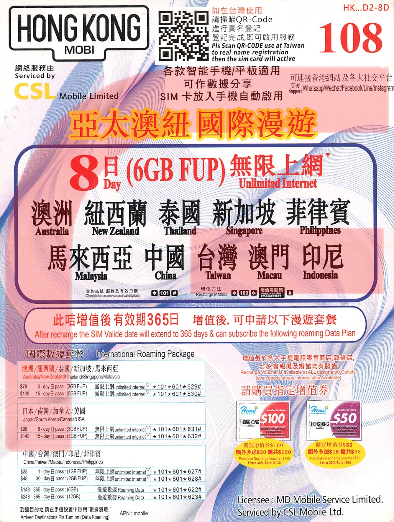 HK MOBILE【亞太澳紐】8日 6GB 無限上網 4G 國際漫遊卡 SIM咭 數據卡