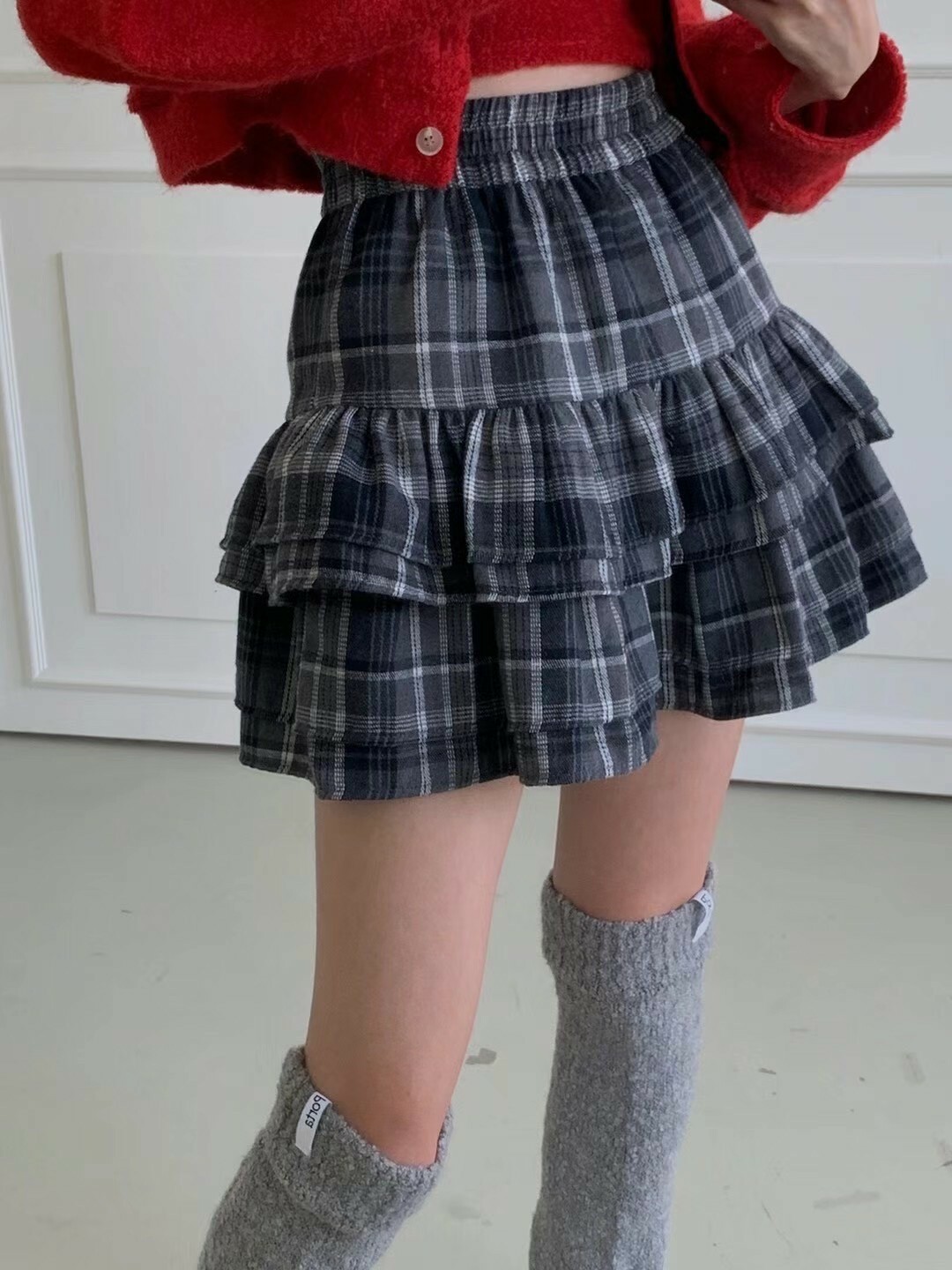 412034雙層蛋糕格紋短裙