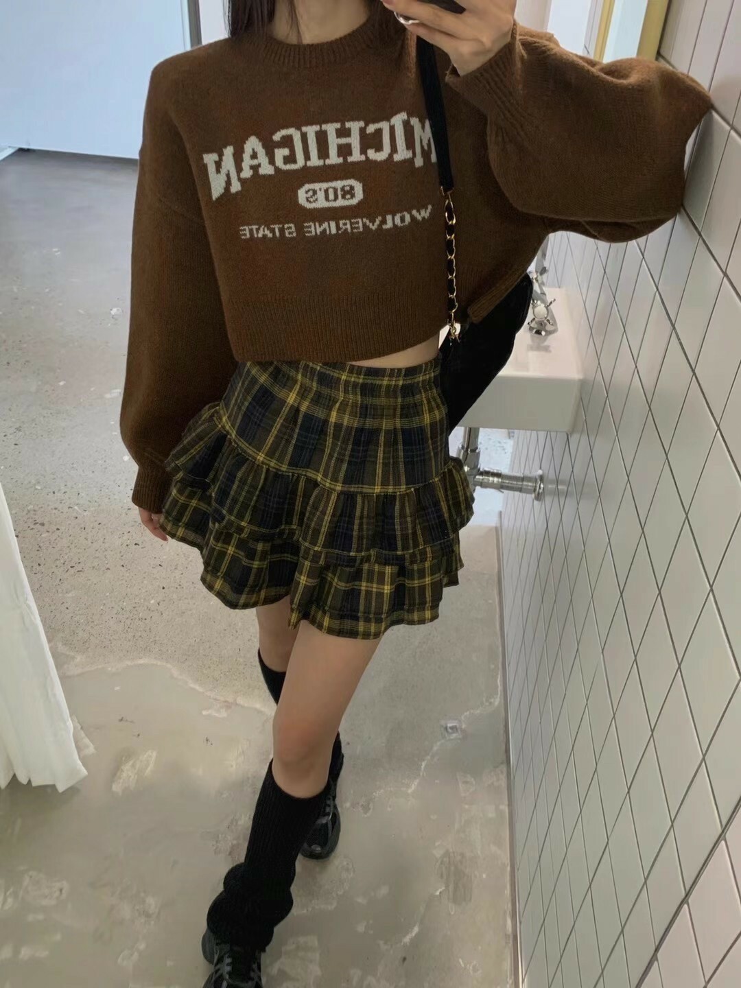 412034雙層蛋糕格紋短裙