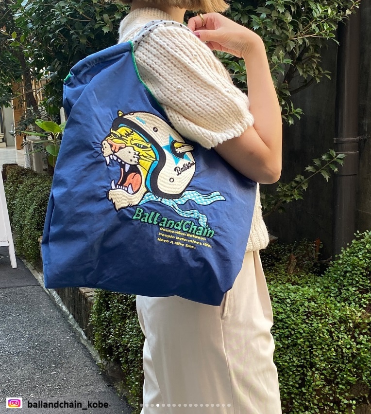 Ball＆Chain 刺繡環保購物袋 M號 - 深藍 (30104932)