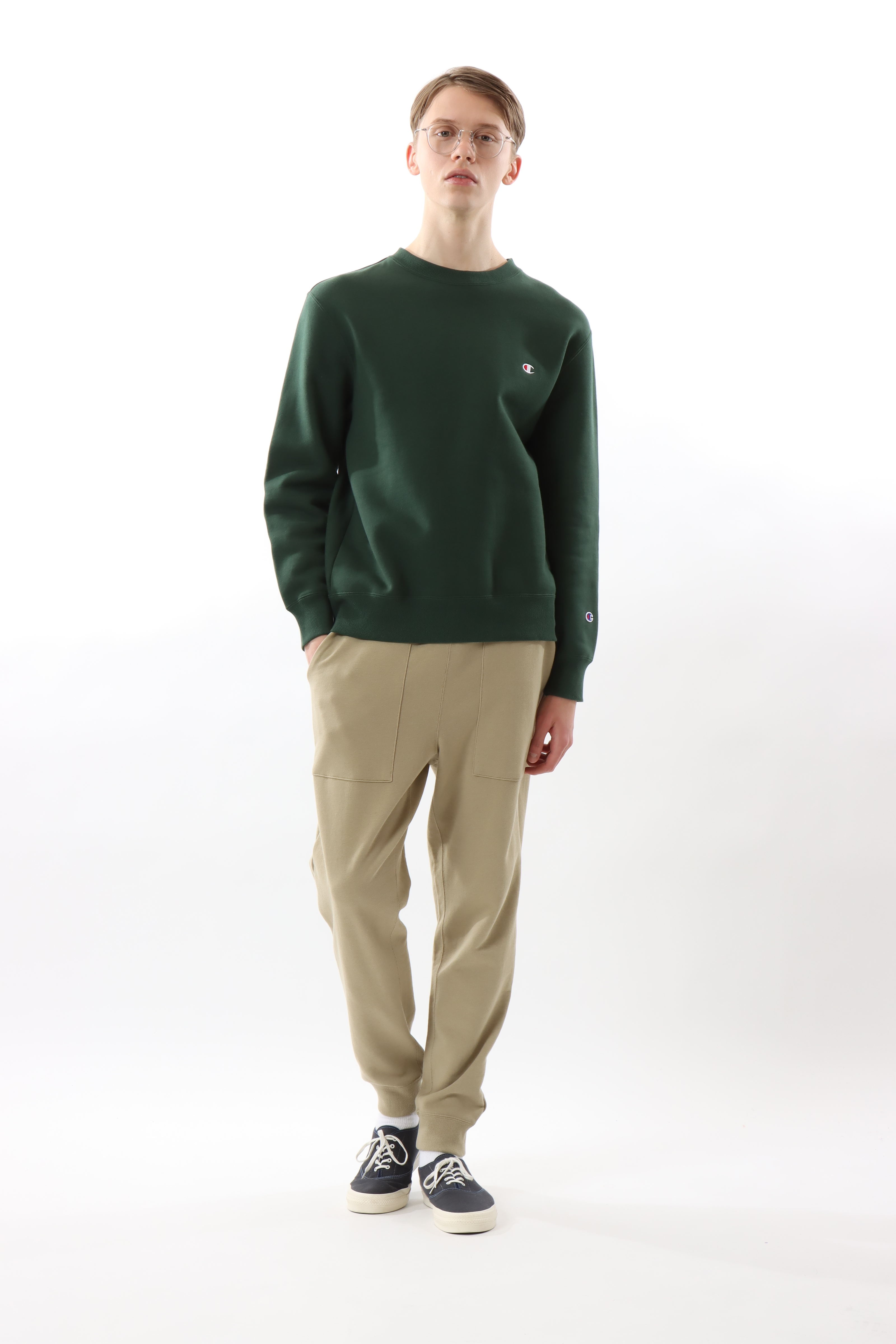 男款 -BASIC 小C LOGO 刷毛圓領衛衣-深綠色（C3-Y037-570）