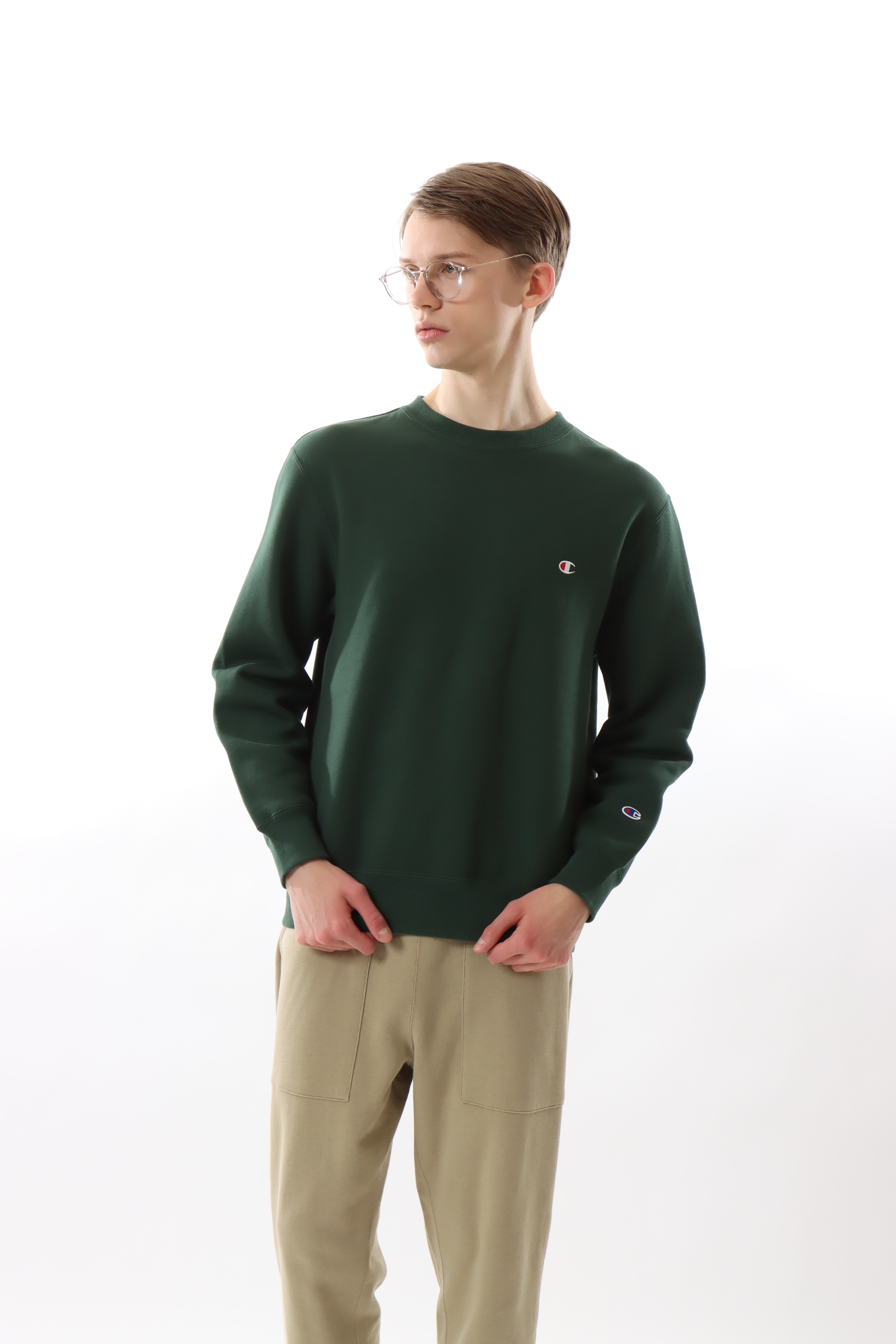男款 -BASIC 小C LOGO 刷毛圓領衛衣-深綠色（C3-Y037-570）