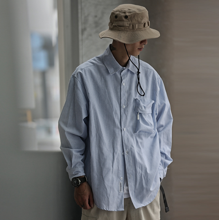 立體大口袋寬鬆條紋襯衫