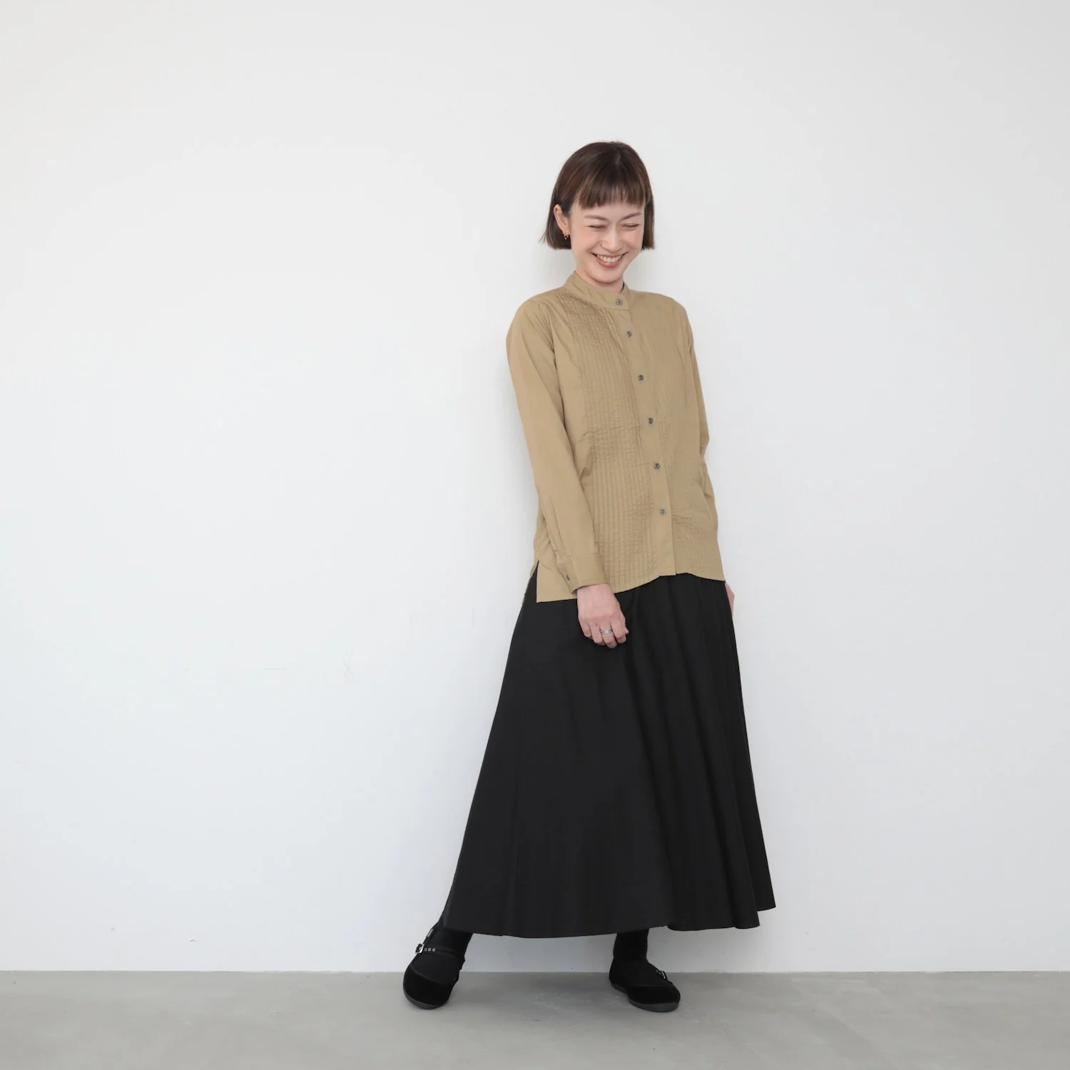 OMAKE.jp 塔克小立領襯衫PintuckShirt 卡其