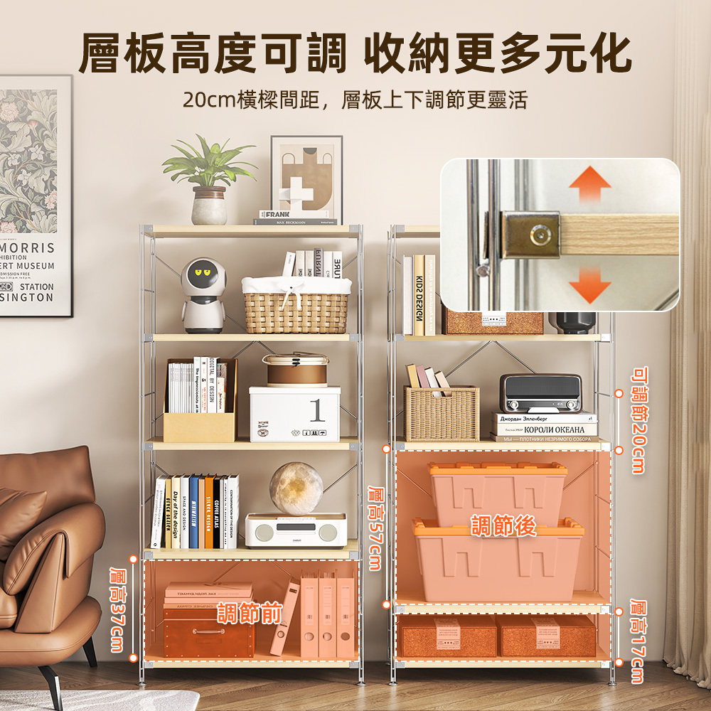 【慢慢家居】專人組裝-日式無印風-加厚層板高耐重多功能置物架-層板可調( 書架 書櫃 電器架)
