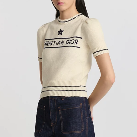 1CD1102-230 DIOR Short-Sleeved Sweater Wool And Cashmere Knit Ecru #154S09AM305_X5801 (C-EU-E)