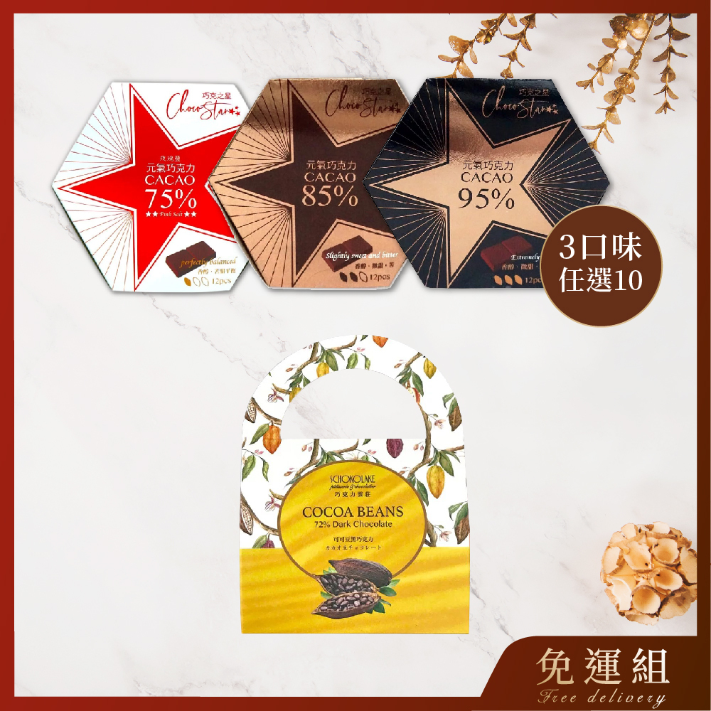 【免運組】元氣巧克力(75%/85%/95%)+可可豆黑巧克力