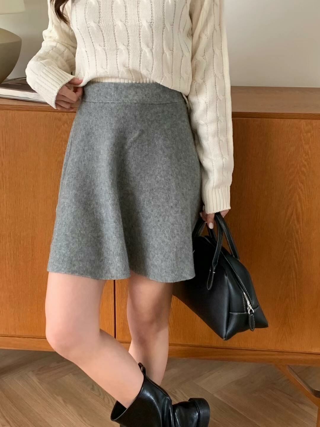 羊毛傘形短裙(灰色)
