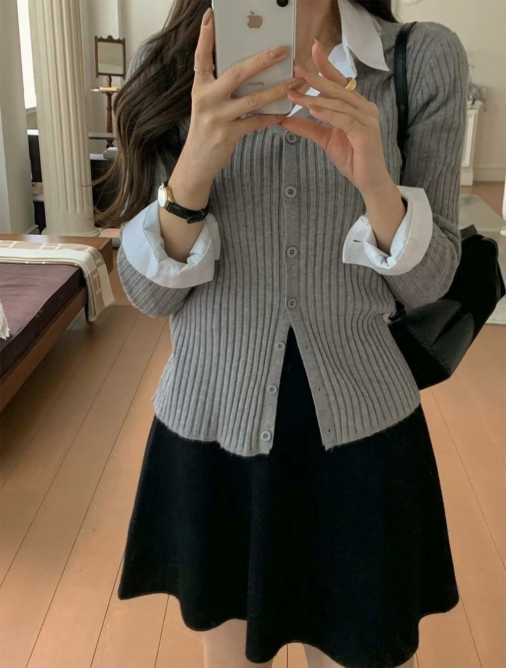 羊毛傘形短裙(黑色)