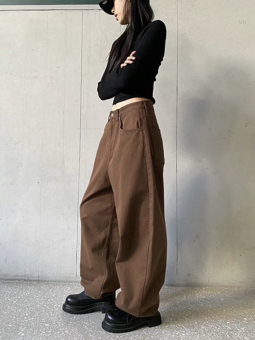 daily basic drawstring casual straight pants in BROWN