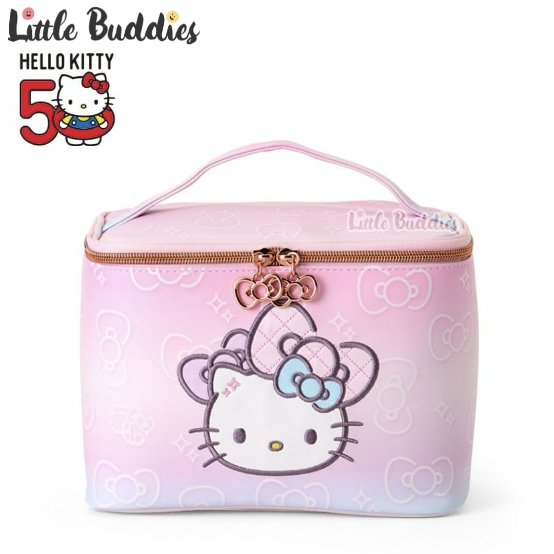 日本 Sanrio Hello Kitty 50周年閃閃蝴蝶結系列 - PU皮手提化妝袋