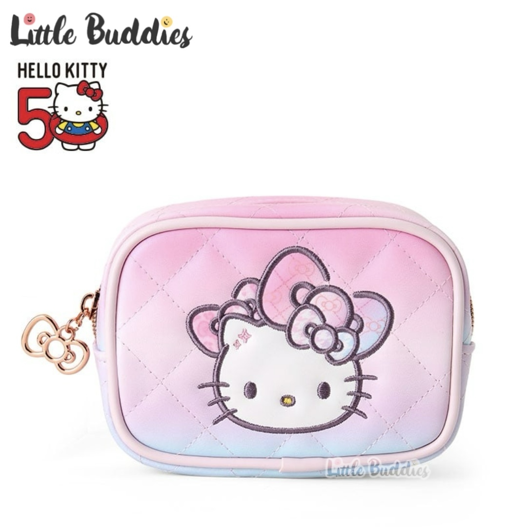日本 Sanrio Hello Kitty 50周年閃閃蝴蝶結系列 - PU皮拉鏈化妝袋
