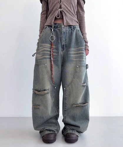 復古鉚釘工裝牛仔褲