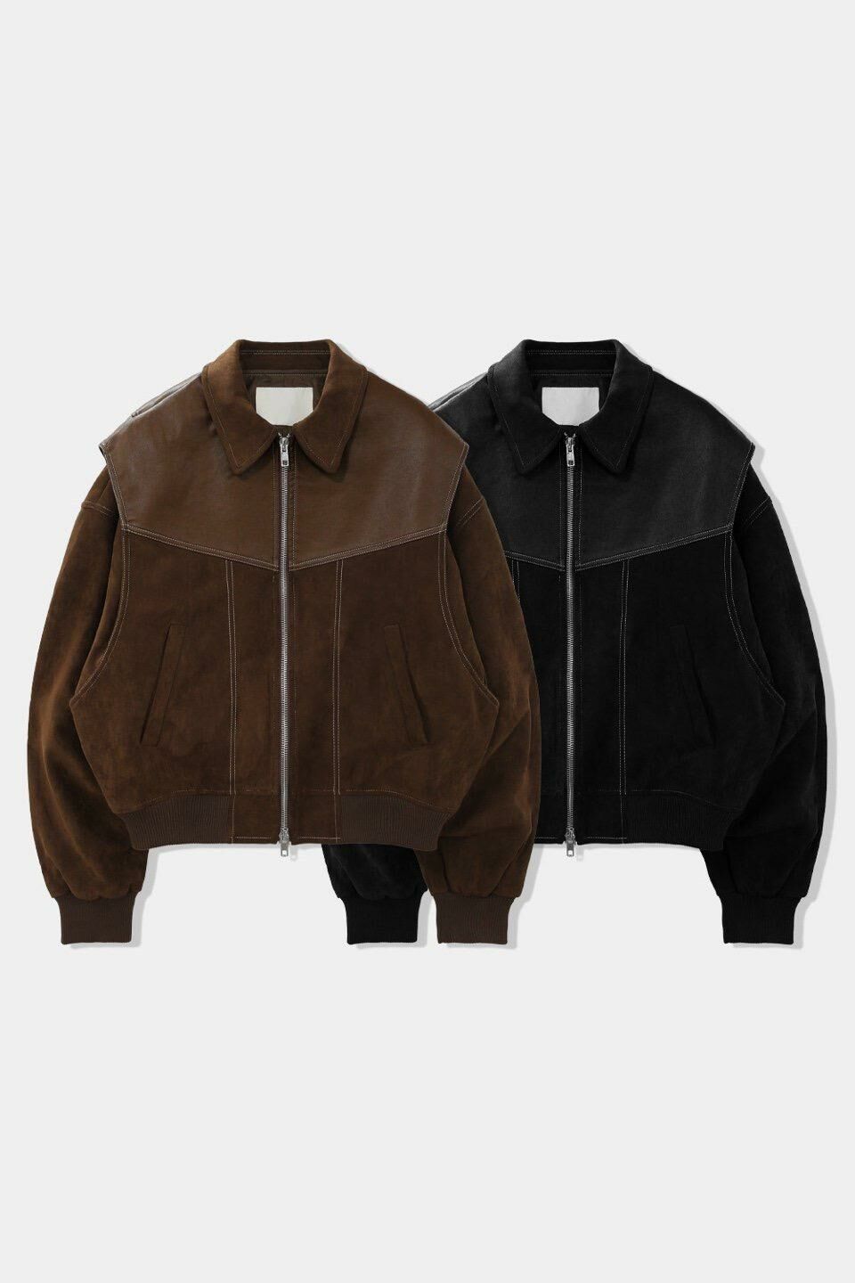 拼皮反領拉鍊猄面外套 OWN-047JK