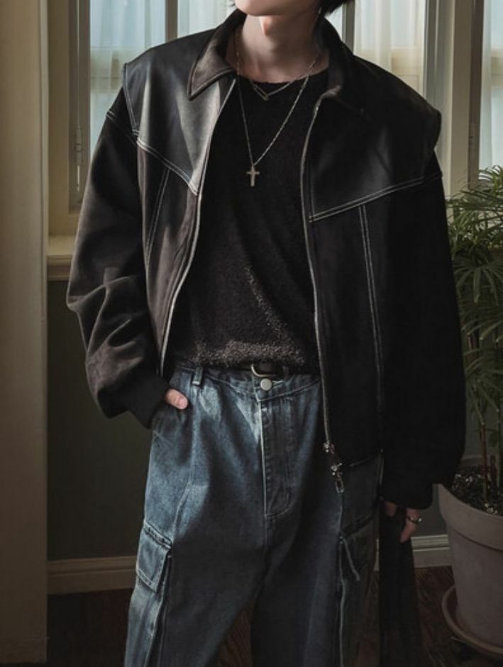 拼皮反領拉鍊猄面外套 OWN-047JK
