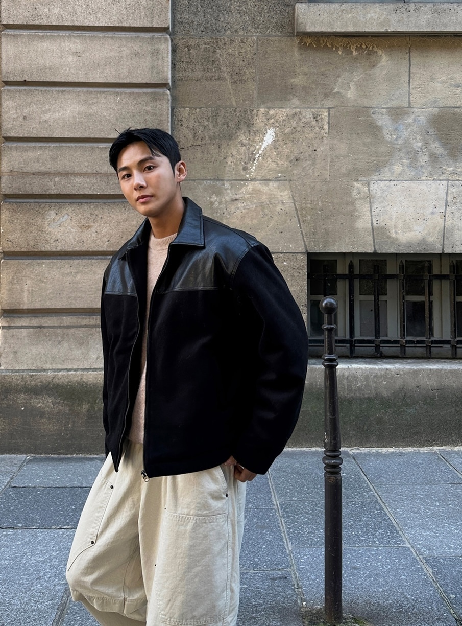 拼接皮革夾克外套