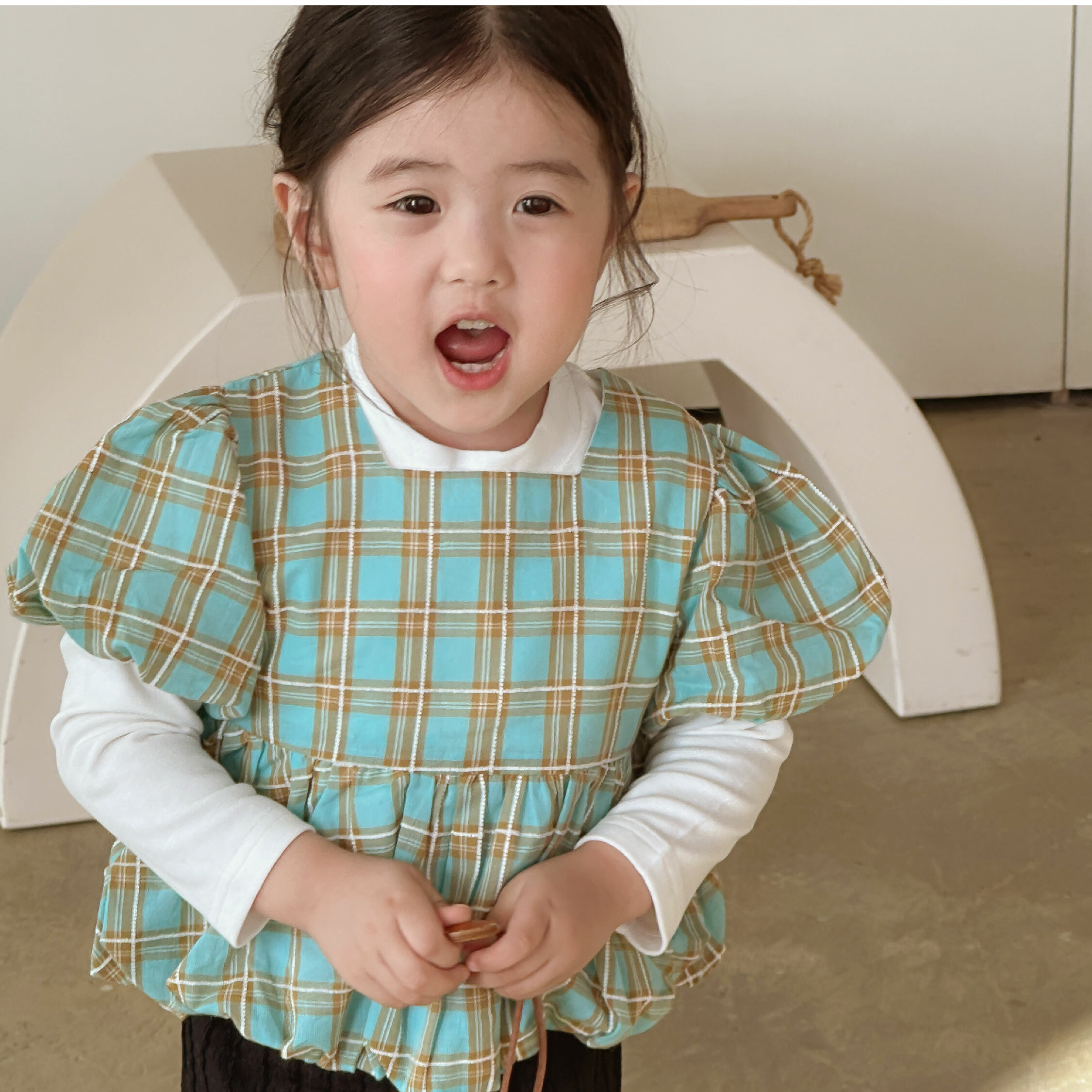 【H45268】清新格紋公主袖兩件式套裝/上衣