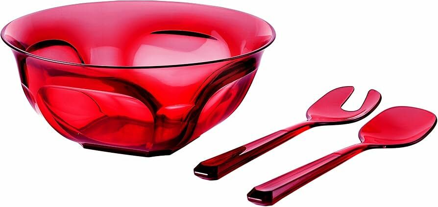 GUZZINI "BELLE EPOQUE" SALADSET: 25CM BOWL with SERVERS (Red, Blue, Transparent)