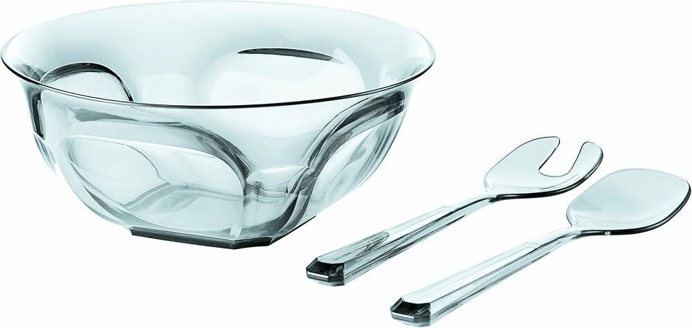 GUZZINI "BELLE EPOQUE" SALADSET: 25CM BOWL with SERVERS (Red, Blue, Transparent)