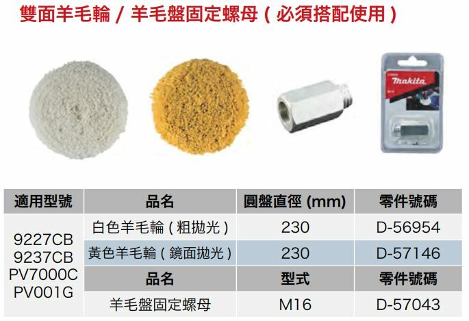 ＊中崙五金【附發票】牧田 雙面9"(230mm) 黃色羊毛輪 D-57146 鏡面拋光 適9237CB、PV7000C