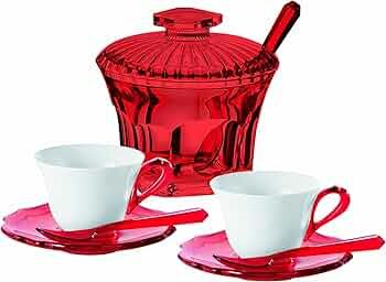 GUZZINI "BELLE EPOQUE" SET 2 ESPR.CUPS W/SAUCERS-SPOONS-SUGAR BOWL (Red, Blue, Transparent)
