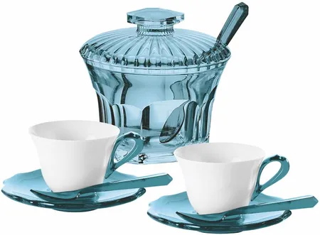 GUZZINI "BELLE EPOQUE" SET 2 ESPR.CUPS W/SAUCERS-SPOONS-SUGAR BOWL (Red, Blue, Transparent)