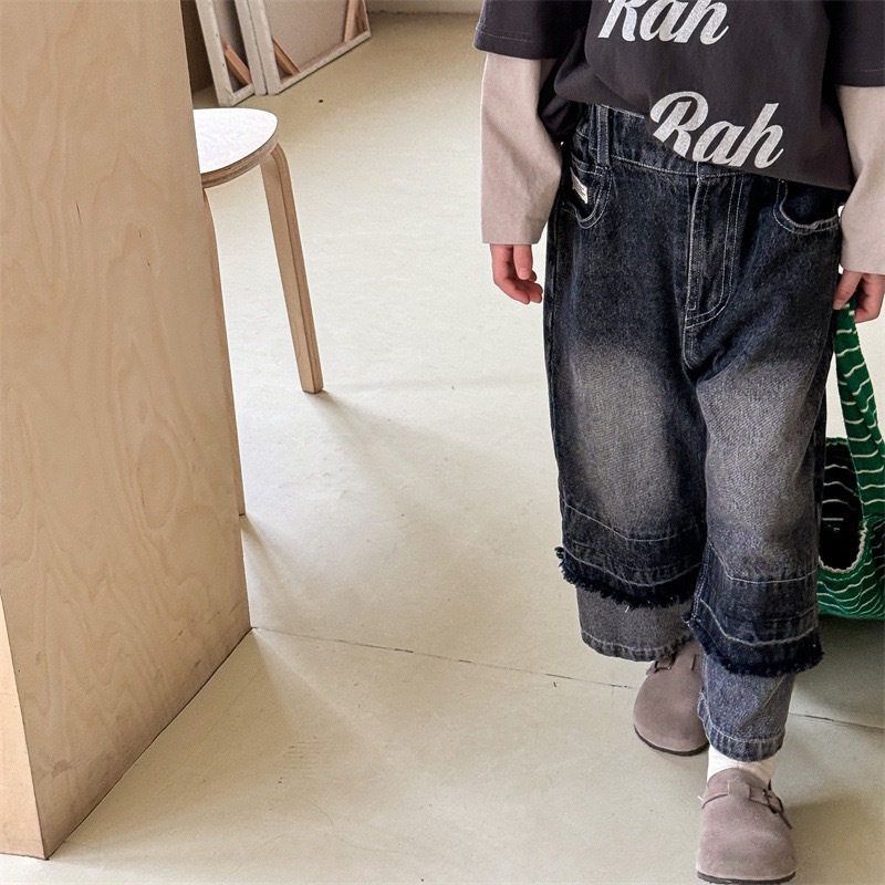 拼接鬚邊牛仔寬褲