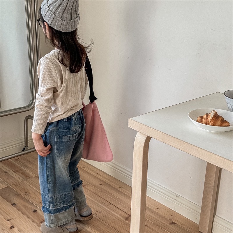 拼接鬚邊牛仔寬褲