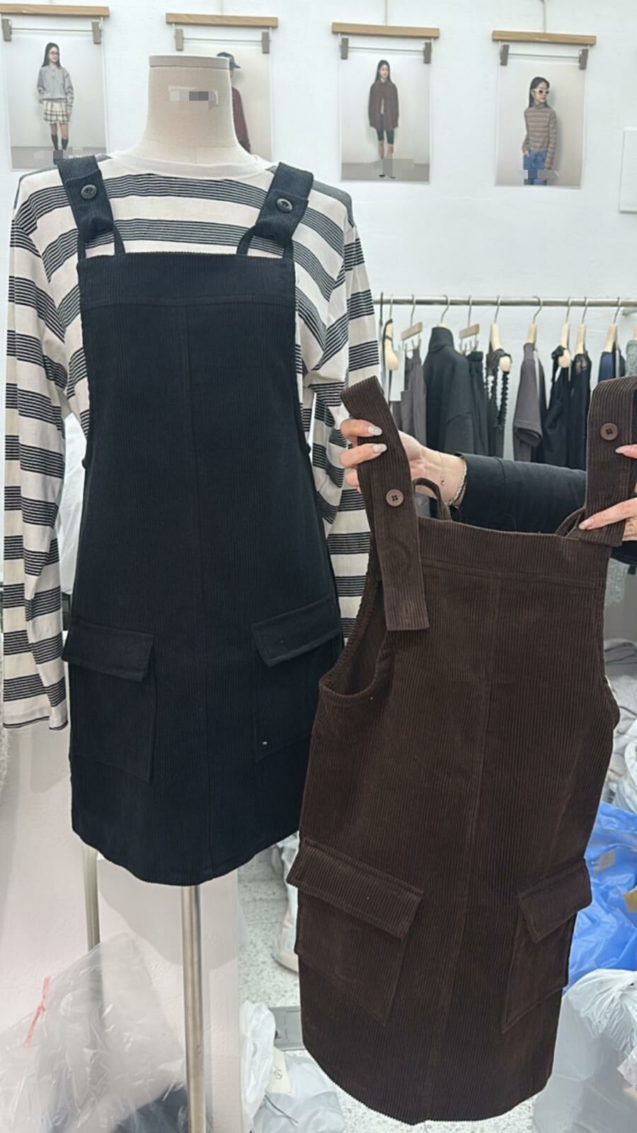 燈芯絨工人連身裙(黑色)