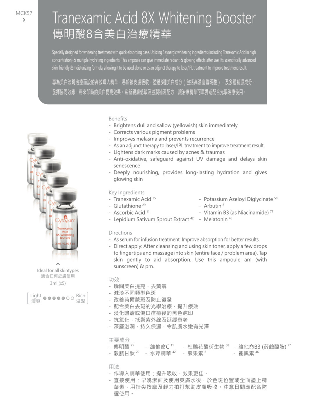 Cytoskin Tranexamic Acid 8X Whitening Booster 傅明酸8合美白治療精華 3ml x 5