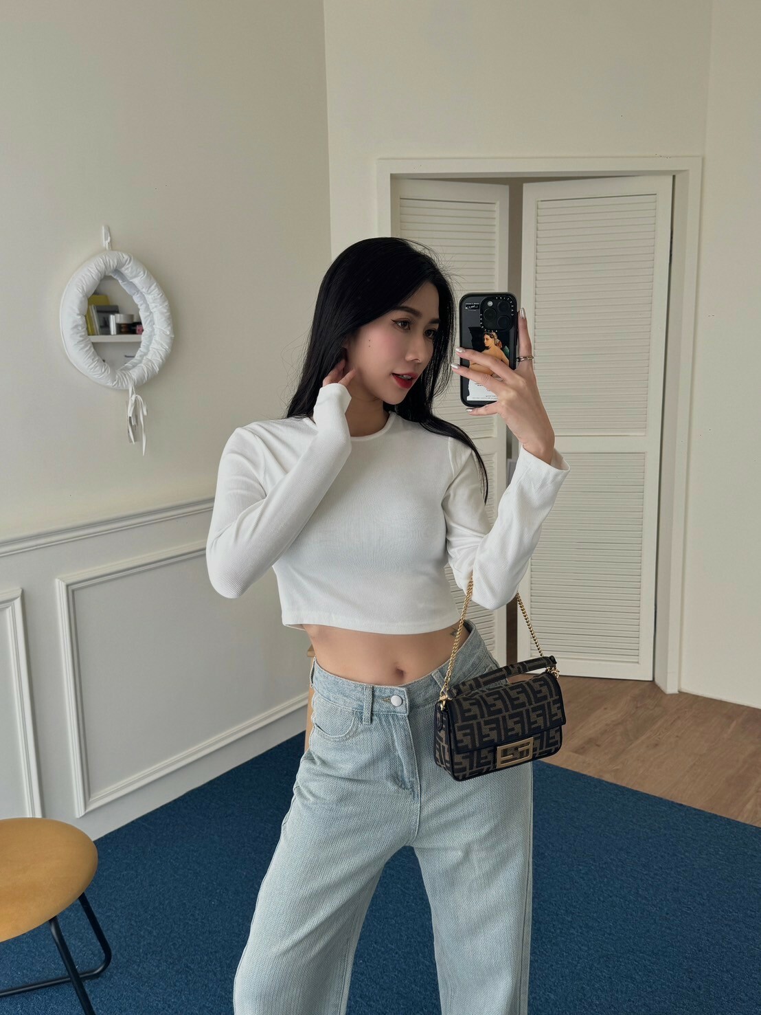 細坑條彈性長袖上衣