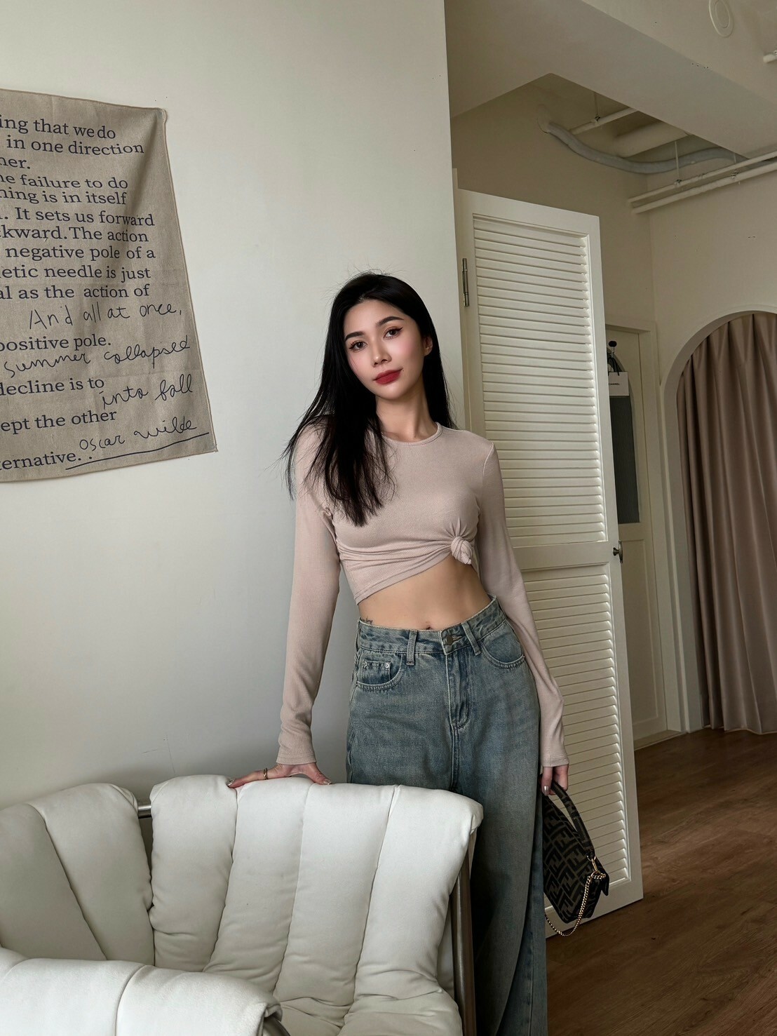 細坑條彈性長袖上衣