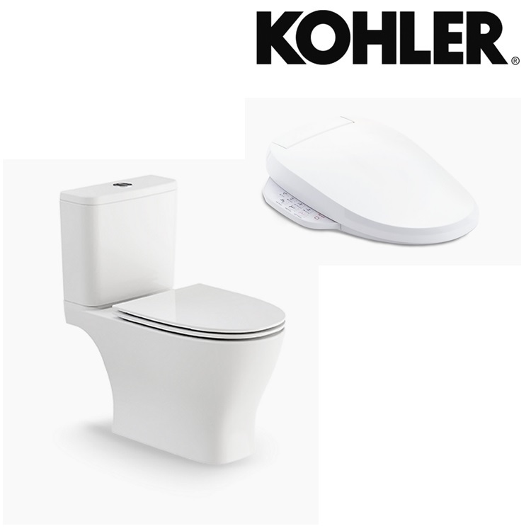Kohler "Reach Up" K-21017H-HC-0 + K-8297MY-HC-0 Close-Coupled Dual Flush Washdown Toilet with Rimless Flushing Technology w/ Bidet Seat Cover