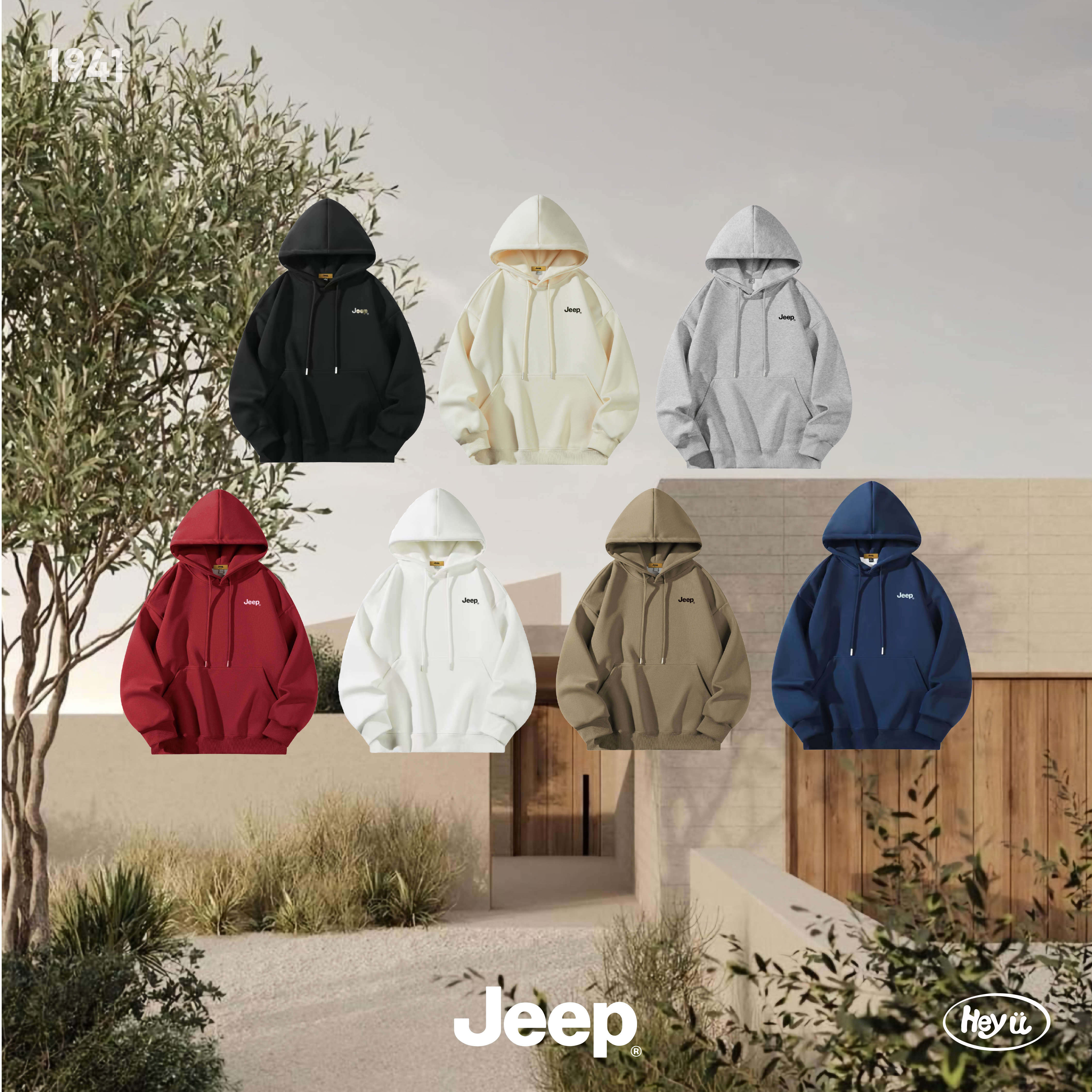 JEEP 美式復古基本款logo帽T(黑/米白/灰/紅/白/卡其/藏藍)