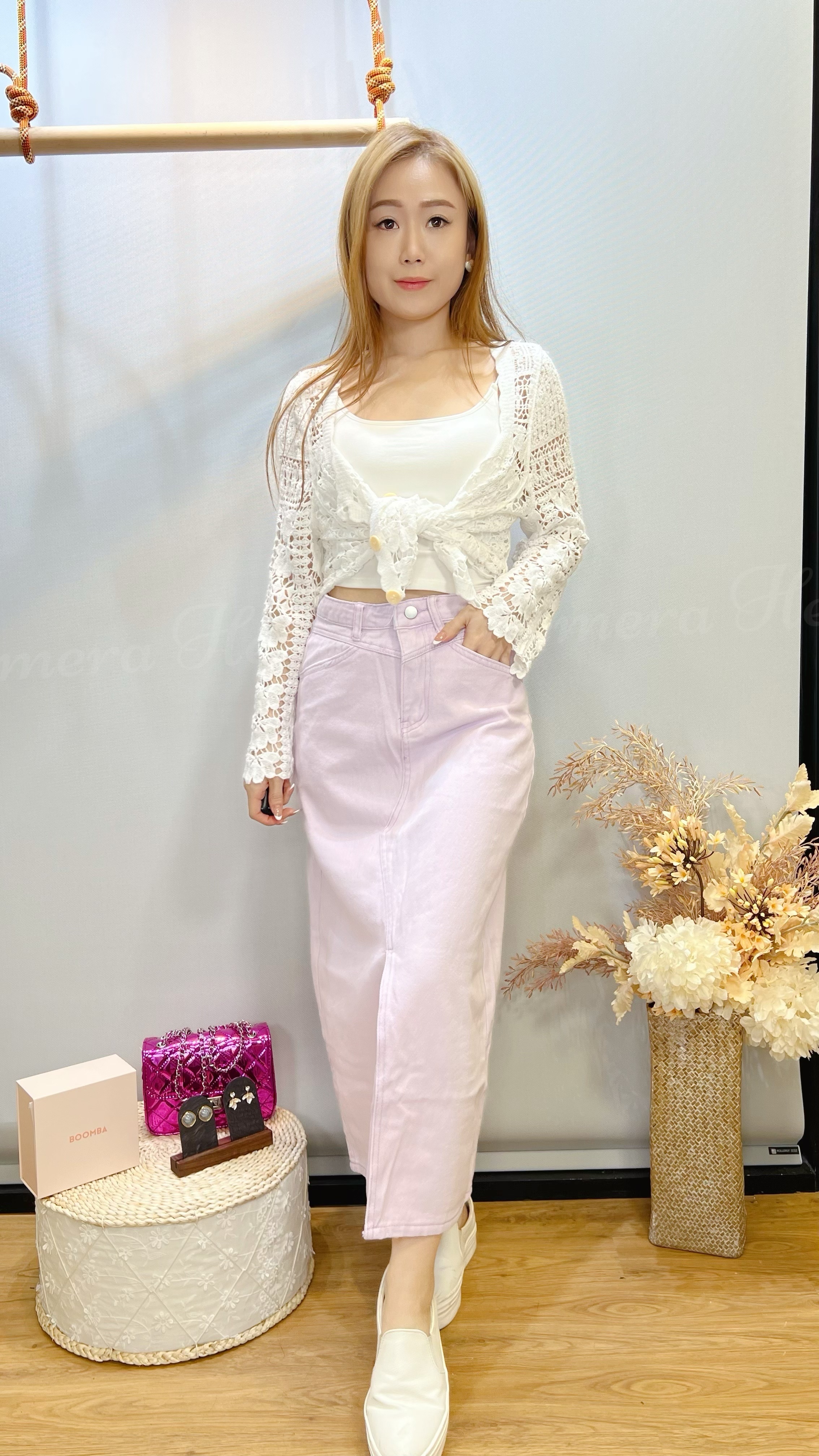 SK14W1113 馬卡龍中開叉長版半身牛仔裙