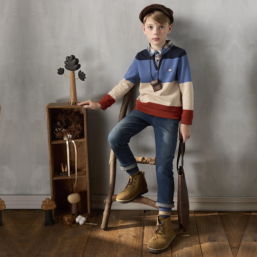 PIPPY 帥氣剪接格紋翻領條紋上衣 藍