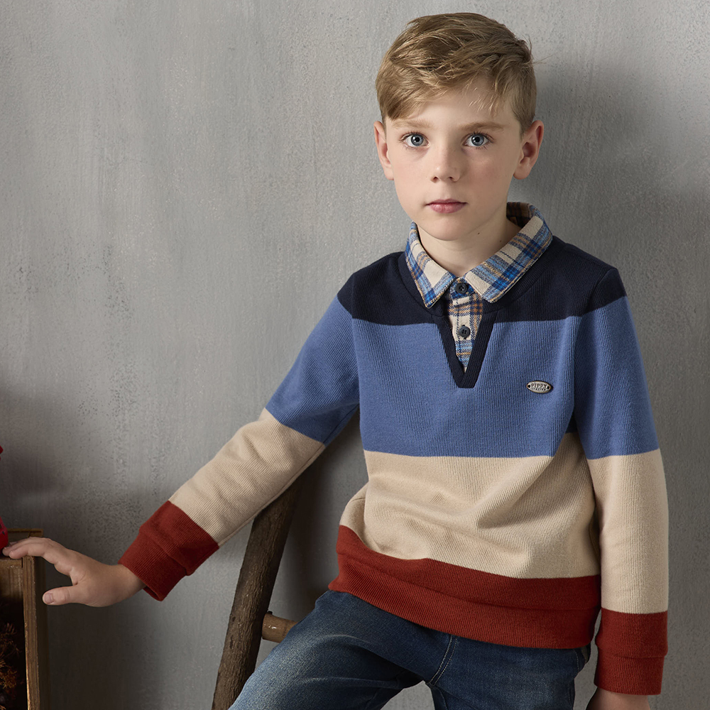 PIPPY 帥氣剪接格紋翻領條紋上衣 藍