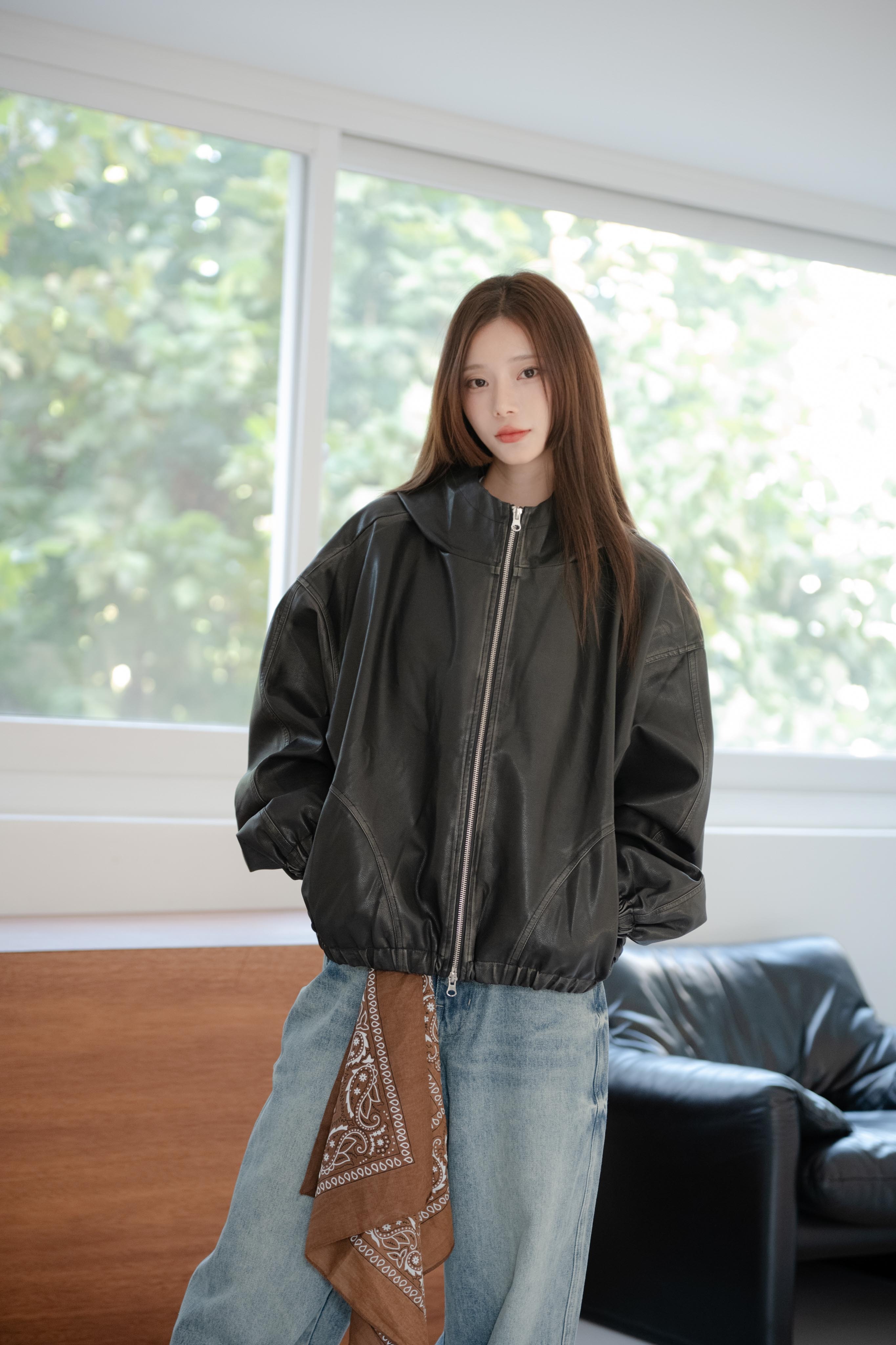 SIMON MADE OW-2413 基礎 日常 牛皮 連帽 外套