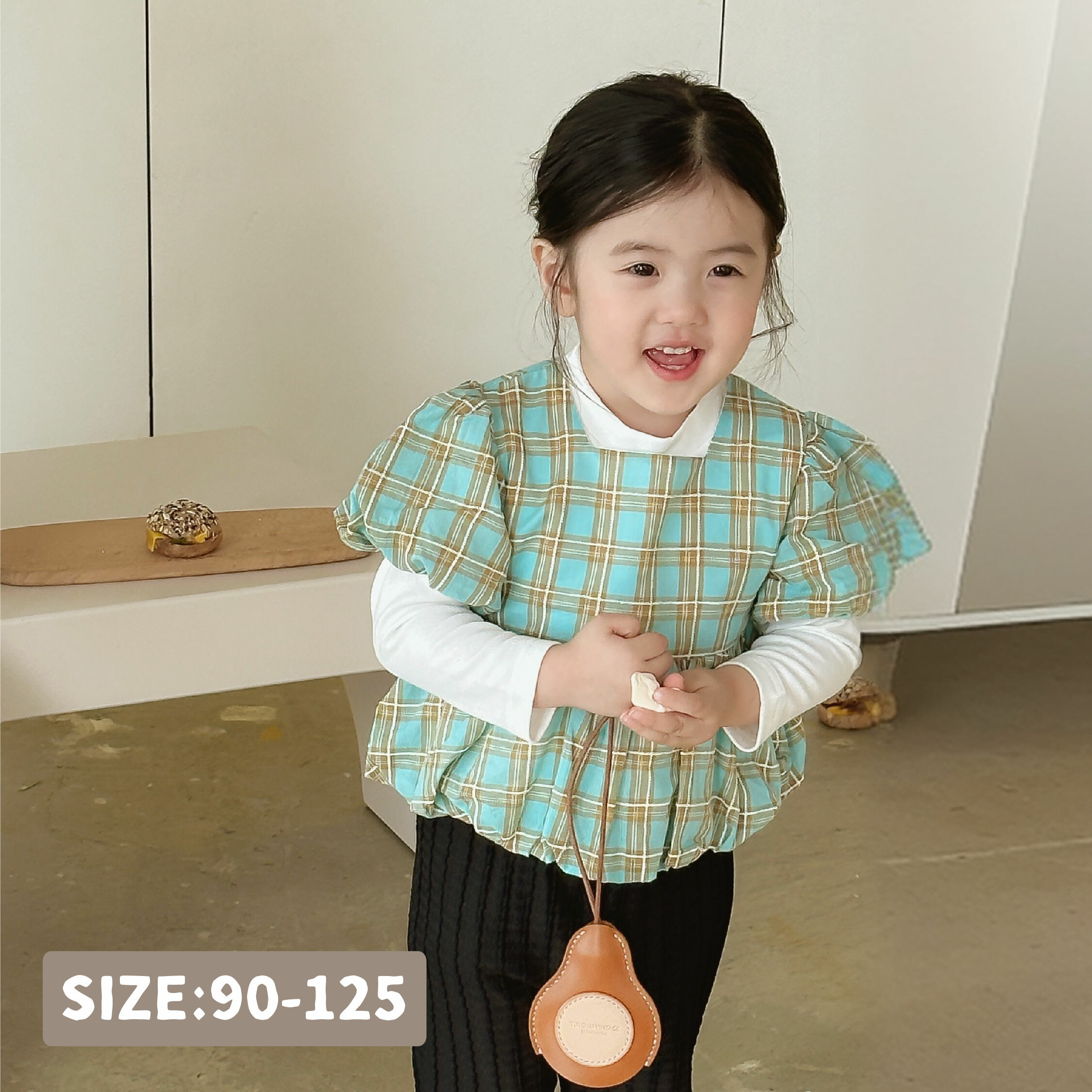 【H45268】清新格紋公主袖兩件式套裝/上衣