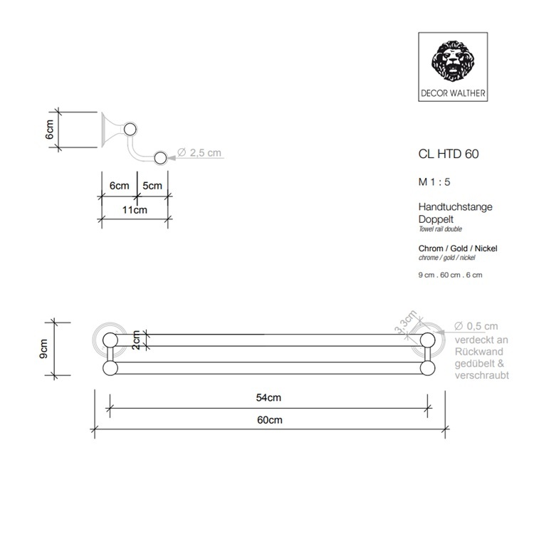 Décor Walther CL HTD 60 (0510500) 600mm Double Towel Rail *Display Items*