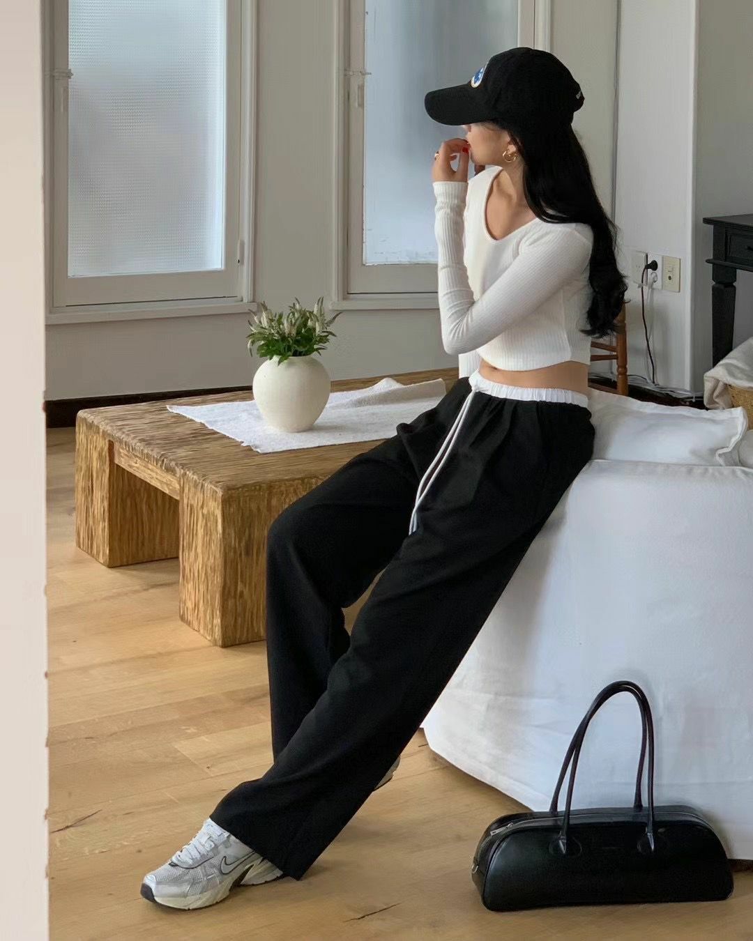 綁繩拼白邊直腳西褲(黑色)